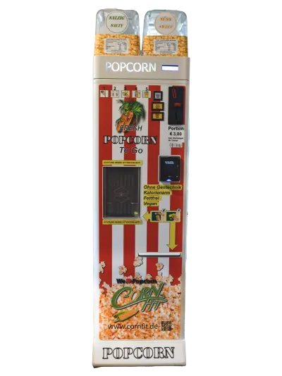 Popcornautomat, rot-weiß gestreift, mit einem Mais vorne drauf